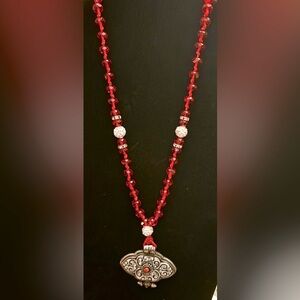 Vintage Red Crystal Beaded Necklace with Tibetan Silver & Coral Amulet
